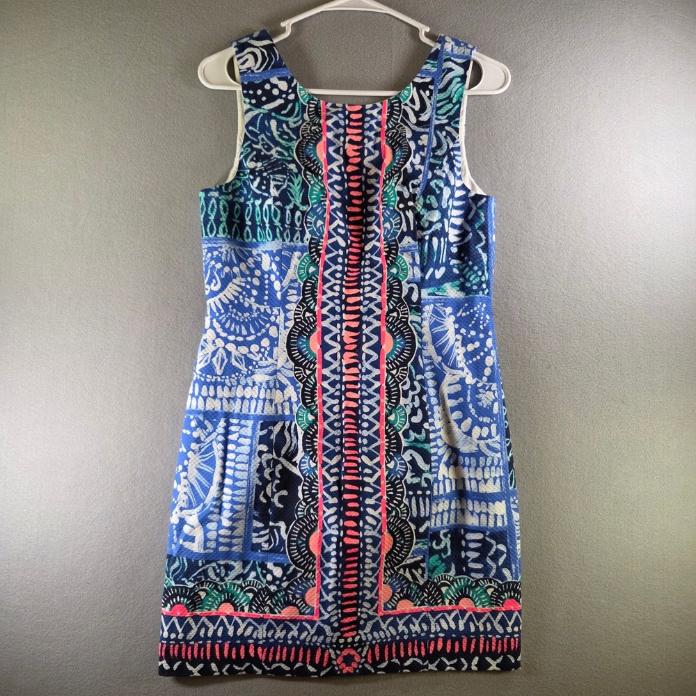 Lilly Pulitzer Mila Stretch Shift Dress Leied Back Print Blue Pink Size 2 Resort